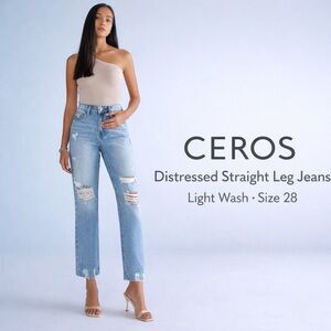 CEROS Distressed Straight Leg Jeans Size 28 Light Wash 100% Cotton
